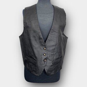 HER Vintage 90s Black Leather Front‎ Waistcoat Vest L Lined Adjustable Back